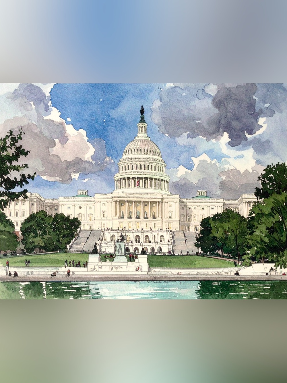 Capitol Building Watercolor Art Print in Cream and Blue